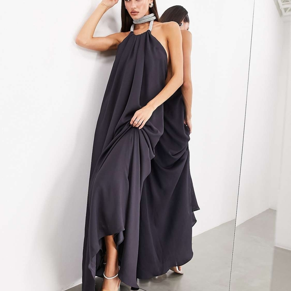 ASOS EDITION premium rope diamante neck detail satin halter maxi dress in charco - Picture 1 of 3